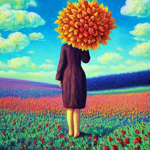 Prompt: giant flower head, frontal, woman standing in field, surreal photography, colorful clouds, impressionist painting, digital painting, artstation, rob gonsalves