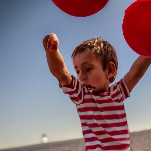 Image similar to close - up of a tiny boy standing on a plate and carrying a beachball - sized cherry in his arms, ultra realistic, highly detailed, sharp focus, cinematic lighting, mood lighting, realistic, vivid colors, photorealistic, digital art