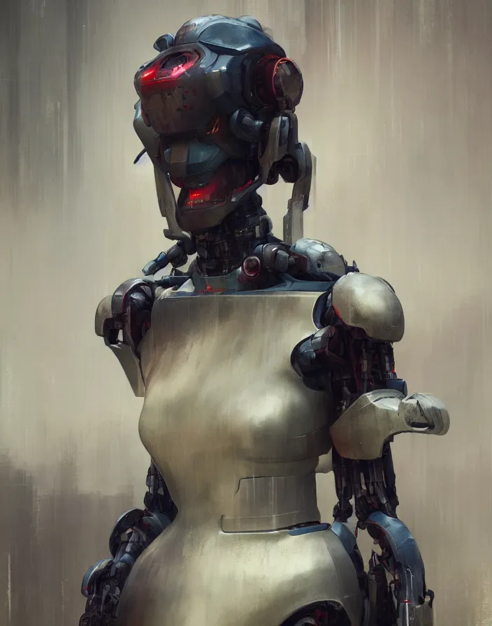 Image similar to portrait of a geisha robot by greg rutkowski and ruan jia, mecha, washed colors, dark, gloomy, matte painting, unreal engine 5