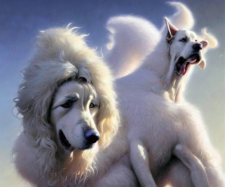 Image similar to beautiful fantasy character portrait of a maremma dog, extra long fur, laying down, ultra realistic, dramatic lighting, the fifth element artifacts, highly detailed by peter mohrbacher, hajime sorayama, wayne barlowe, boris vallejo, aaron horkey, gaston bussiere, craig mullins