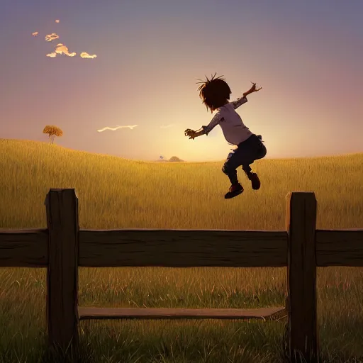 Prompt: A kid jumping over a wooden fence at golden hour in a plain grass field, by Makoto Shinkai and thomas kinkade, digital painting, Matte painting, trending on artstation and unreal engine, in the style of Calvin and Hobbes