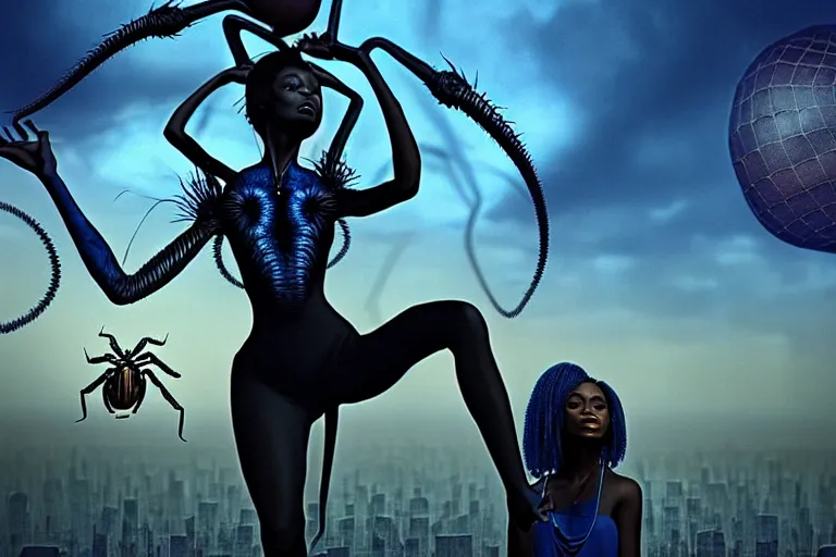 Image similar to realistic detailed photorealistic film portrait shot of a beautiful black woman with a giant spider, sci-fi city landscape background by Denis Villeneuve, Amano, Yves Tanguy, Alphonse Mucha, Ernst Haeckel, Andrei Tarkovsky, Edward Robert Hughes, Roger Dean, necklace, dynamic pose, rich moody colours, wide angle, blue eyes