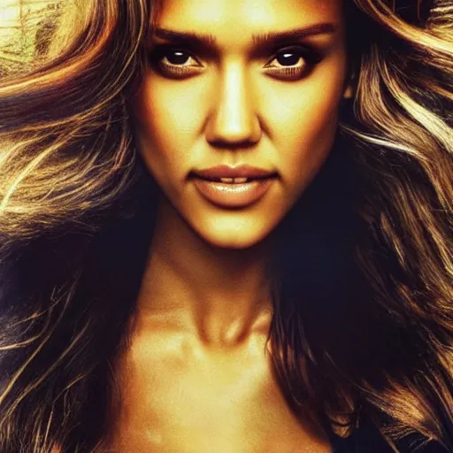 Prompt: model face photo of jessica alba as super saiyan powering up long hair by annie leibovitz