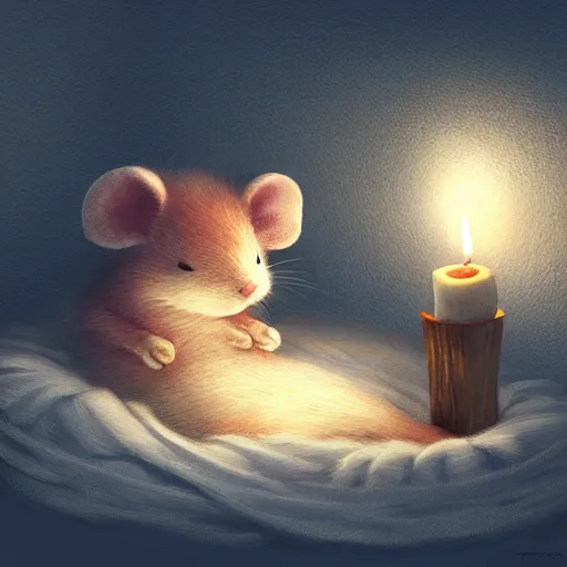 Prompt: A fuzzy little mouse sleeping in a small bed, covered with blanket, cozy, candle light, extra detailed, digital illustration, by Makoto Shinkai and thomas kinkade, digital painting, Matte painting, trending on artstation and unreal engine