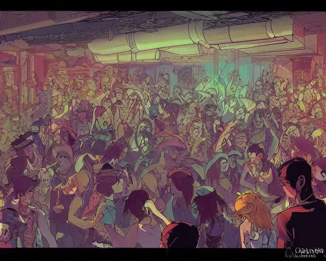 Image similar to a study of cell shaded cartoon of elves raving in a nightclub, illustration, wide shot, subtle colors, post grunge, concept art by josan gonzales and wlop, by james jean, Victo ngai, David Rubín, Mike Mignola, Laurie Greasley, highly detailed, sharp focus, alien, Trending on Artstation, HQ, deviantart, art by artgem