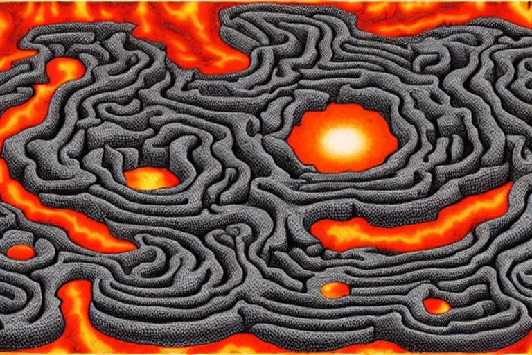 Prompt: magma hive maze of fire, award winning art, lava lamp, epic dreamlike fantasy landscape, art print, mc escher, ultra realistic,