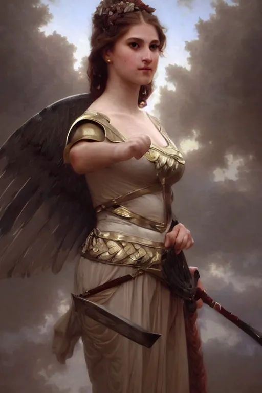 Image similar to full portrait of a beautiful Valkyrie, Regal, Realistic, Refined, highly Detailed Digital Art, Oil Painting, William-Adolphe Bouguereau, WLOP, Dynamic lighting, daily deviation, beautiful character illustration by Greg Rutkowsktrending on artstation, Cinematic Lighting, Unreal Engine, 8k, HD