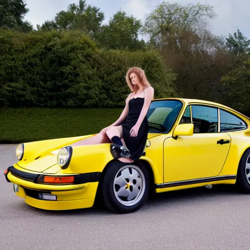 Image similar to an attractive young women reclining on a yellow 1 9 8 5 porsche 9 1 1 turbo, photo 4 k