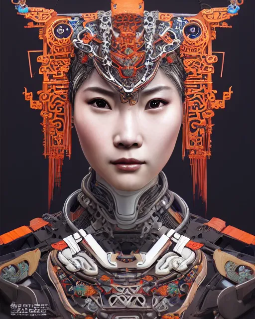 Image similar to portrait of a machine from horizon zero dawn, machine face, upper half portrait, decorated with chinese opera motifs, asian, bian lian, traditional chinese art, intricate, elegant, highly detailed, digital painting, artstation, concept art, smooth, sharp focus, illustration, art by artgerm and greg rutkowski and alphonse mucha, 8 k