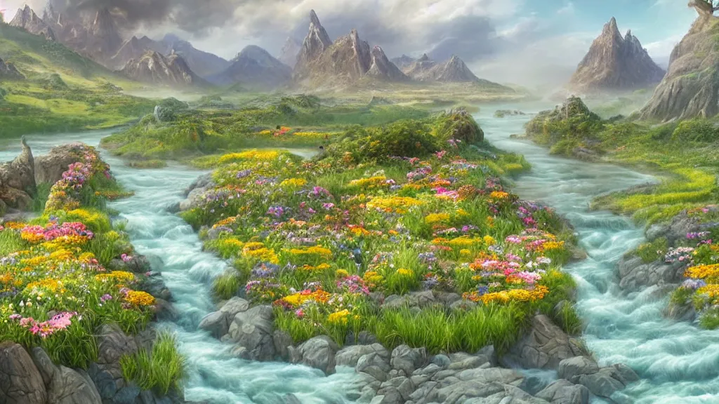 Prompt: Beautiful hyperrealistic detailed matte painting of a Landscape with a wide river in the middle of a meadow full of colorful flowers on the lost Vibes and mountains in the background, at the center there's a giant medieval fantasy portal gate with a rusty gold carved lion face at the center of it that takes you to another world, spring, delicate fog, sea breeze rises in the air, by andreas rocha and john howe, and Martin Johnson Heade, featured on artstation, featured on behance, golden ratio, ultrawide angle, well composed