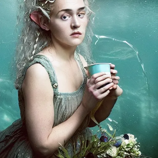 Prompt: A 18th century, messy, silver haired, mad Ophelia ((young Kate Winslet)) as a elf queen, dressed in a ((ragged)), wedding dress, is ((drinking a cup of tea)). Everything is underwater! and floating. Greenish blue tones, theatrical, (((underwater lights))), high contrasts, oil canvas by John Everett Millais's Ophelia