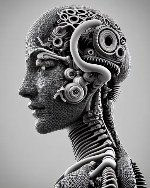 Image similar to mythical black and white organic biomechanical spinal ribbed face portrait detail of mechanical female vegetal-cyborg, highly detailed, intricate ornate, 3D render digital art, octane render, 8K artistic photography, photorealistic