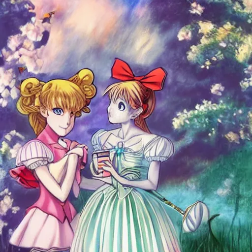 Prompt: Alice in wonderland in the style of shojo manga, Sailor moon, John Singer Sargent, mysterious atmosphere, tea party