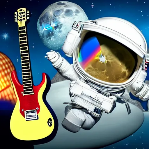 Prompt: a photo of a detailed, realistic, idle, regular sized electric guitar next to a beer can next to an astronaut sitting on the moon surface. detailed photo. realistic photo