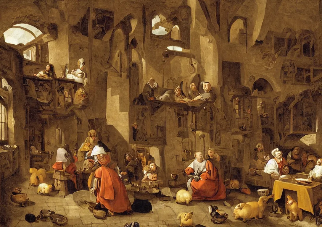 Image similar to People in a medieval guest house, a woman sitting in the center with a gold robe, next to her a few peasants arguing, duck on shoulder, left sleeping priest, window left, right doorway with pig and fire, daylight, tools on walls, in the style of Jan Steen