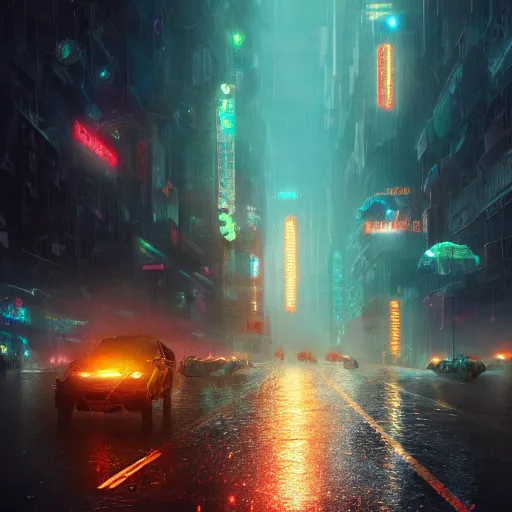 Image similar to many mechanical jellyfishes floating in the street at night after the rain, a mountain in the distance, surreal, cyberpunk, psychedelic, highly detailed, digital art, blade runner 2 0 4 9, darek zabrocki, 8 k