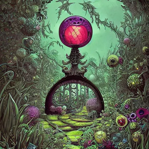 Prompt: a portal in a mysterious garden filled with spherical plants, artwork by Joe Fenton, trending on art station