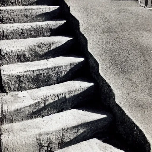 Prompt: a sidewalk chalk drawing of a twisting staircase leading to a sorrowful abyss