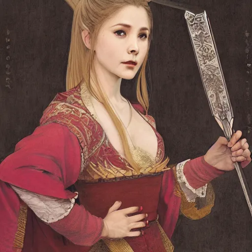 Prompt: a highly detailed portrait of buffy the vampire slayer as a medieval chinese prince, beautiful detail and color, art by john collier and albert aublet and krenz cushart and artem demura and alphonse mucha, volumetric lighting, octane render, 4 k resolution, matte, sharp focus, illustration, art by jacque - louis david, baroque style