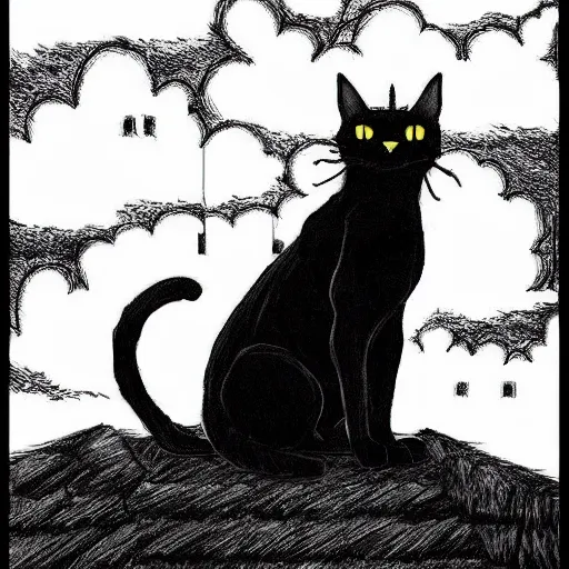 Image similar to a all black cat sitting on top of a castle, demon cat, style of kentaro miura!!!!, black and white, finely detailed