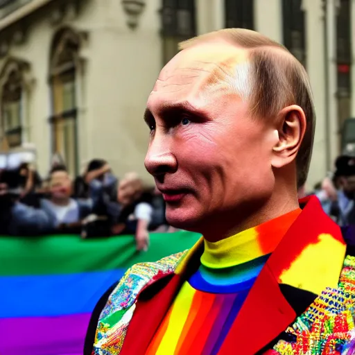 Image similar to Vladimir Putin wearing rainbow suit, Gay pride, rainbow flags, Professional Photography, Photorealistic