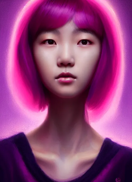 Prompt: portrait of chinese girl with bright pink hair, curly pixie cut hair, wearing a purple cap, breton cap, intricate, elegant, glowing lights, highly detailed, digital painting, artstation, concept art, smooth, sharp focus, illustration, art by wlop, mars ravelo and greg rutkowski