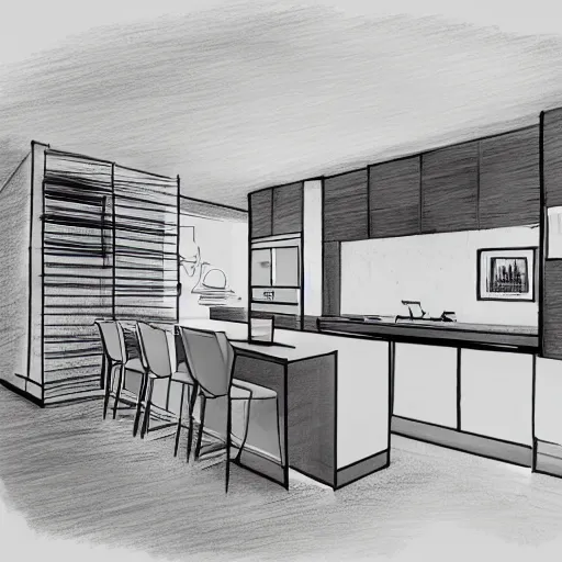 Prompt: modern garden kitchen design, designer pencil sketch, HD resolution