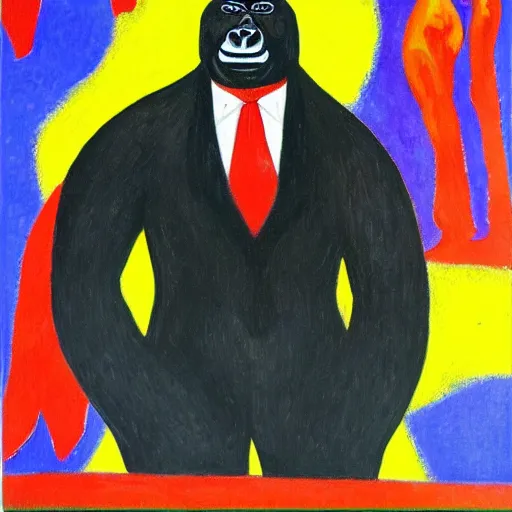 Prompt: a gorilla wearing a nice black tuxedo with a red tie, fauvism, 8 k, highly detailed,