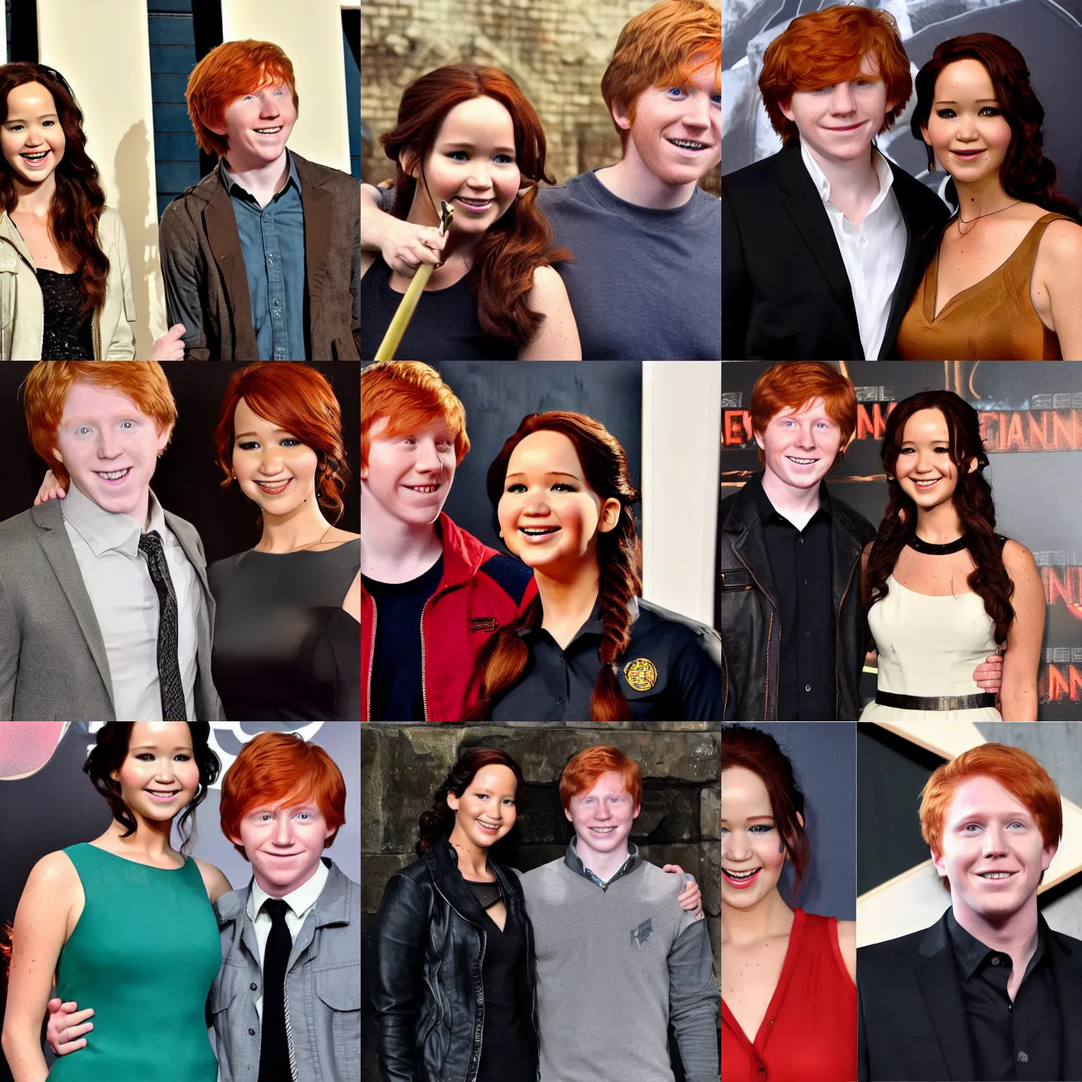 Prompt: Katniss Everdeen standing next to Ron Weasley, both smiling for the camera