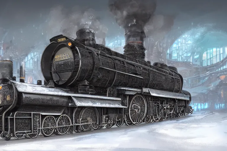 Image similar to a grand intricate futuristic black steam train, the train is themed after willy wonka and the chocolate factory, post - apocalyptic ice landscape in snowstorm, concept art, artstation, highly detailed, digital art