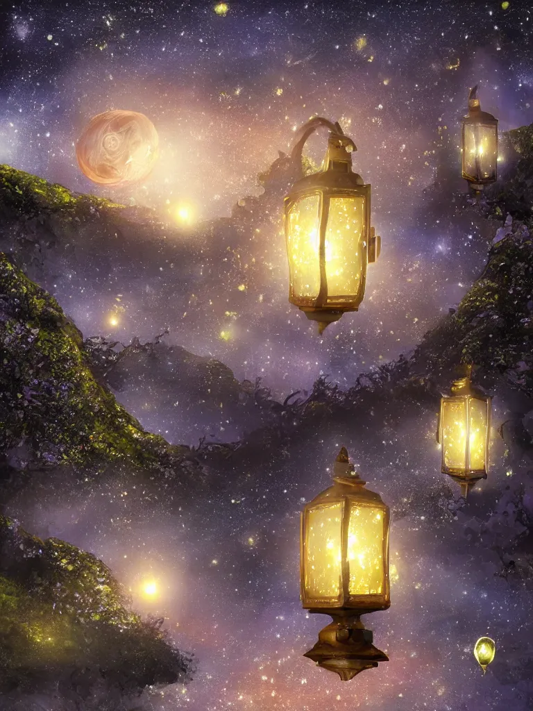 Prompt: Photorealistic Magical Orery lanterns with galaxies of stars inside in a beautiful glen in the moonlight, highly detailed