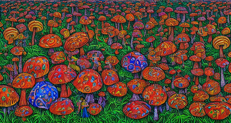 Image similar to A tribal village in a forest of giant mushrooms, by Alex Grey ,