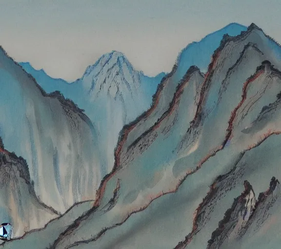 Prompt: painting of mountains by li zhaodao, guan tong