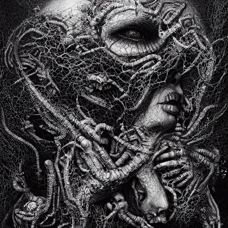 Prompt: Collapsing dreams abstract painting by Dan Hillier and H. R. Giger and Greg Rutkowski, intricate, highly detailed, trending on artstation, artstationHD, artstationHQ, 4k, 8k, sharp, rich vivid colors