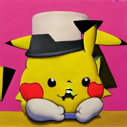 Image similar to pikachu eating a sandwich, oil painting magritte