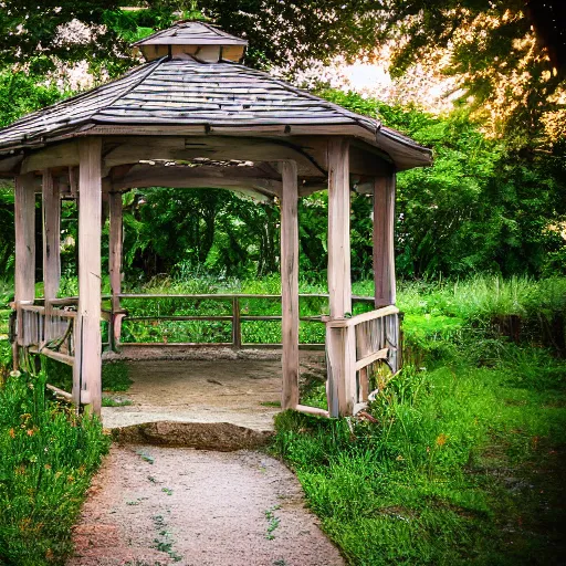 Prompt: hope, world, sun, flowers, place, gazebo, trail