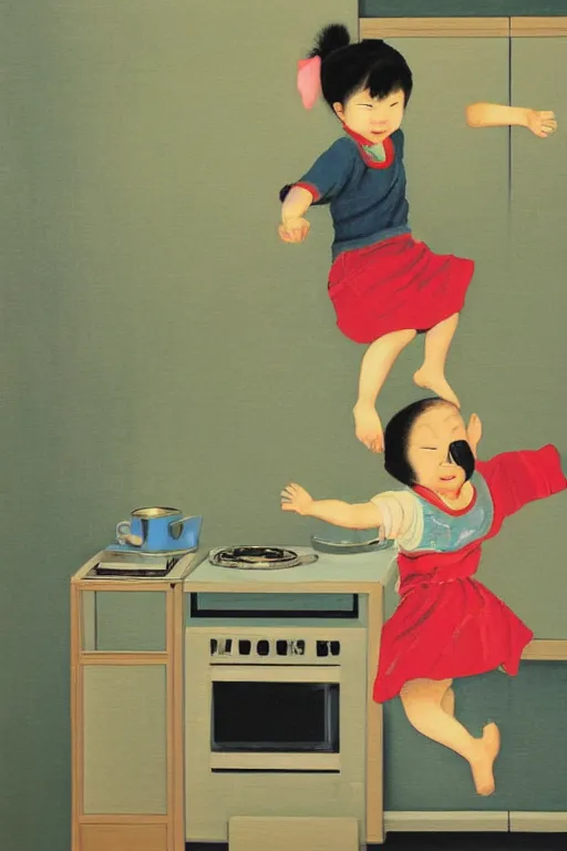 Image similar to a Tosa Mitsuoki painting of a toddler girl jumping in the kitchen