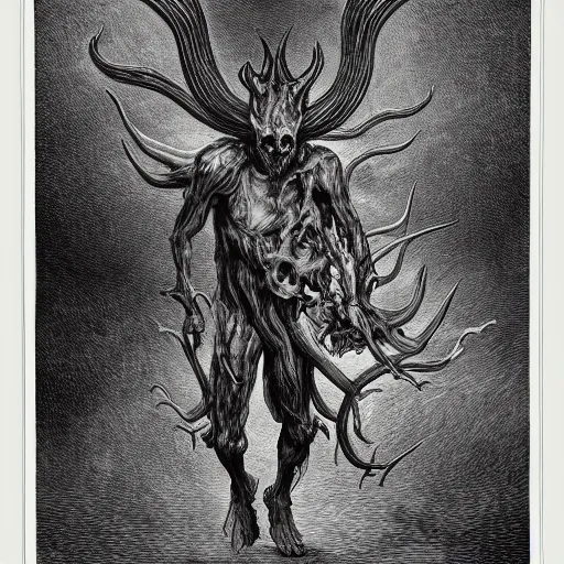 Image similar to full body grayscale drawing by Gustave Dore and Anato Finnstark of horned muscled humanoid demon, 3/4 view from below, engulfed in swirling flames