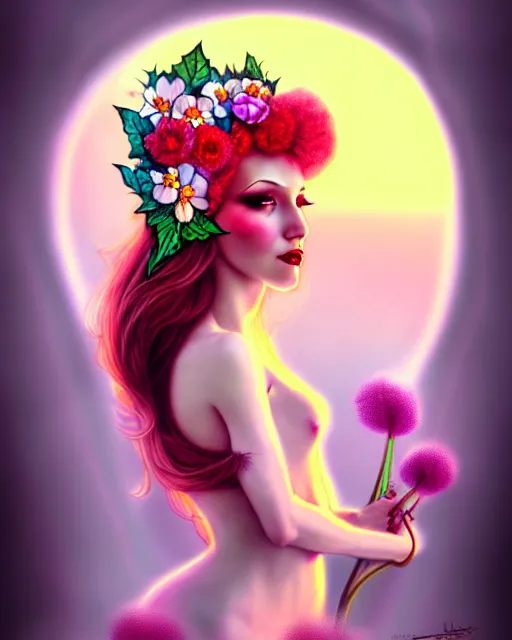 Image similar to burlesque elf, flowers in hair, fantasy character portrait, soft clouds, floral sunset, ultra realistic, concept art, intricate details, art nouveau, cinematic, highly detailed