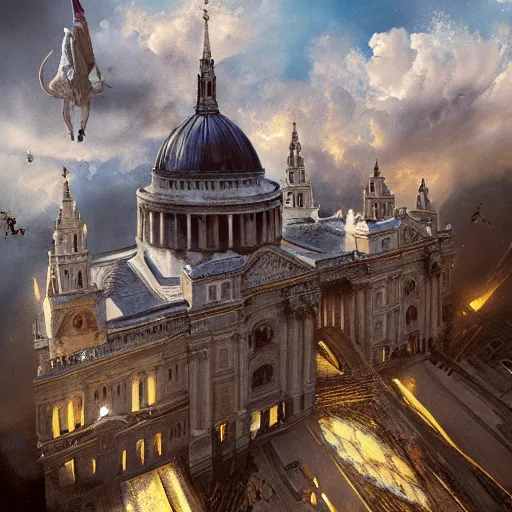 Prompt: two dragons fighting while flying over St. Paul's Cathedral in London, by Greg Rutkowski