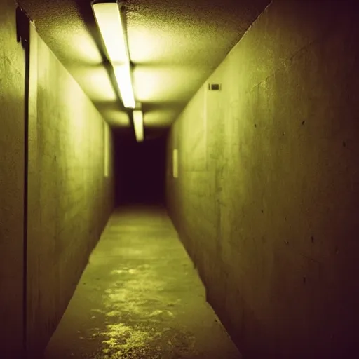 Image similar to underground facility, scp, horror, corridor, dark, futuristic, polaroid photgraphy