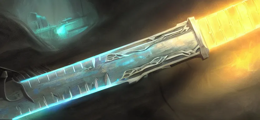 Image similar to legendary cybernetic sword lying flat on a glowing table with a long sharp black and iridescent sword blade, digital award winning hd matte painting, intimate dark moody, intricate, ornate spikes, colorful hilt, detailed realistic, raytraced blade, colored gems, future golden technological pommel, in the style of greg rutkowski and krenz cushart, deviantart