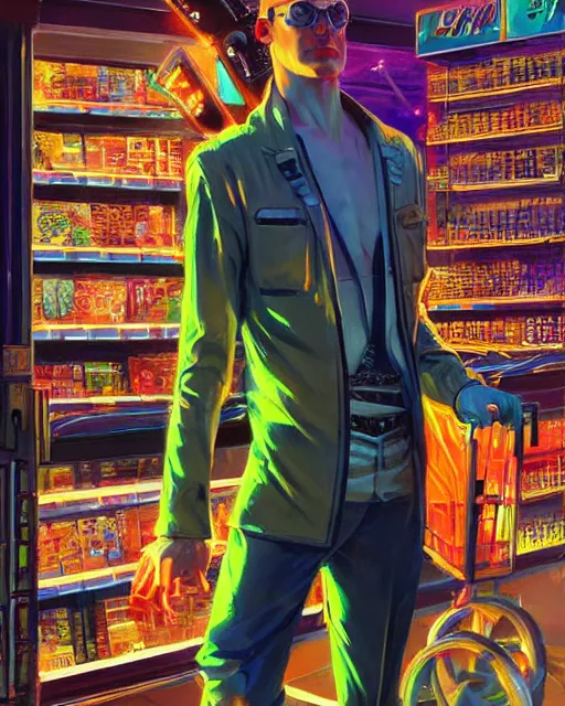 Prompt: cyberpunk man shopping at a neon soaked grocery store, science fiction painting, elegant intricate digital painting artstation, art by coby whitmore and gil elvgren, detailed