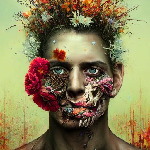 Image similar to art portrait of a man with flowers exploding out of head, decaying ,8k,by tristan eaton,Stanley Artgermm,Tom Bagshaw,Greg Rutkowski,Carne Griffiths, Ayami Kojima, Beksinski, Giger,trending on DeviantArt,face enhance,hyper detailed,cityscape background,cybernetic, android, blade runner,full of colour,