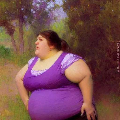 Prompt: a woman in a purple shirt with a fat body type, painting by Gaston Bussiere, Craig Mullins