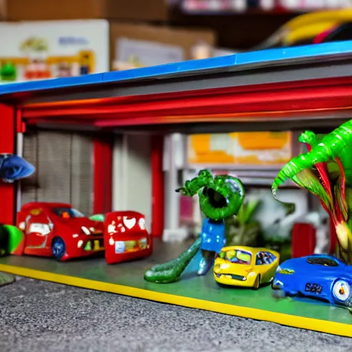 Image similar to fisher price garage with carnivorous plants on the shelves and packing peanuts on the floor, scene from tv show hyper detailed 5 5 mm 8 5 mm, toy photography, made out of plastic