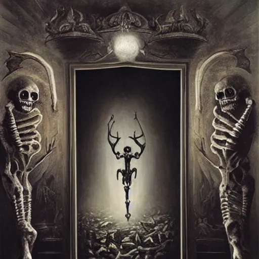 Prompt: In the center of the painting is a large gateway that seems to lead into abyss of darkness. On either side of the gateway are two figures, one a demon-like creature, the other a skeletal figure. by Mark Ryden, by Briton Rivière elaborate