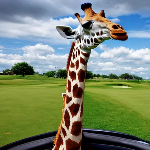 Prompt: Giraffe in a polo at a golf course