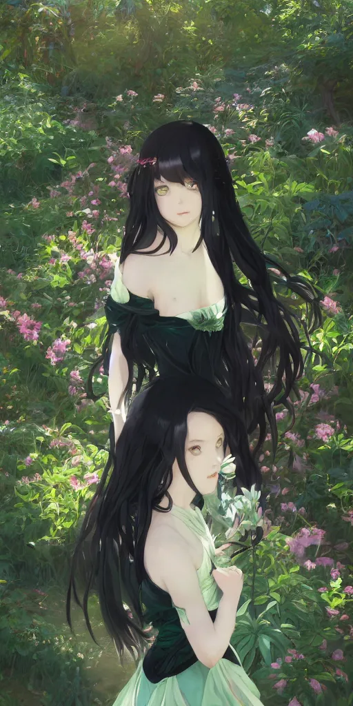 Image similar to a digital art of a loli with long hair in black dress in the privet garden at after noon, green and warm theme, back lighting, by krenz cushart and mucha and akihito yoshida and greg rutkowski and makoto shinkai, extremely long shot, detailed eyes, 4 k resolution, trending on art station