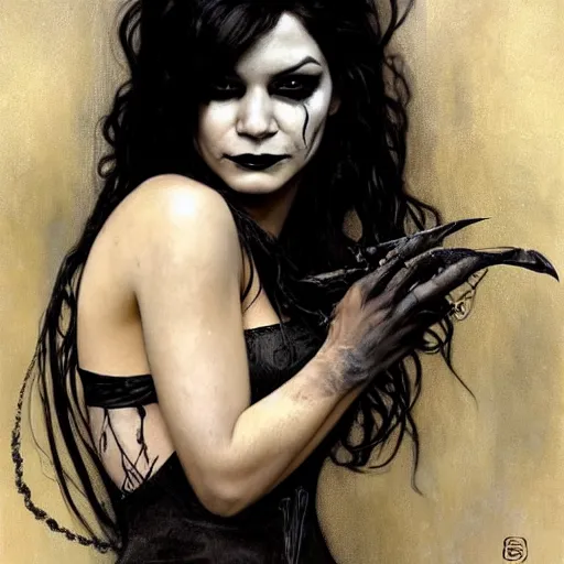 Image similar to beautiful portrait of vanessa hudgens as death from sandman, smiling, by cedric peyravernay, alphonse mucha, by jeremy mann, by lecouffe deharme, goth chic, soft lightning, eyeliner, punk rock, high detailed, 8 k